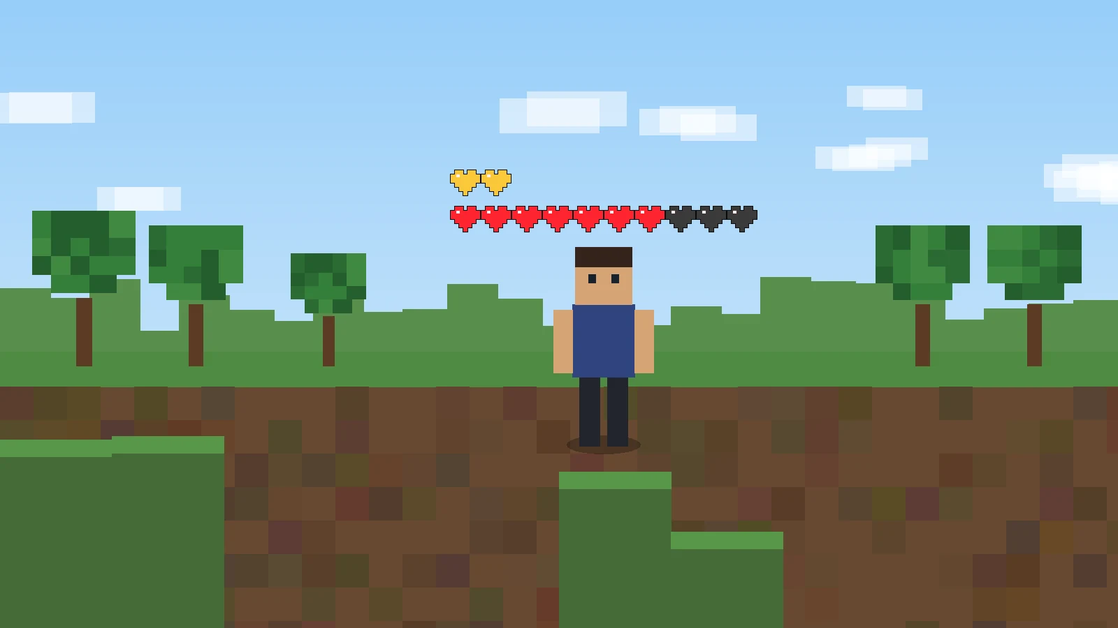 Gameplay-style visual of a player with health and absorption hearts above the character