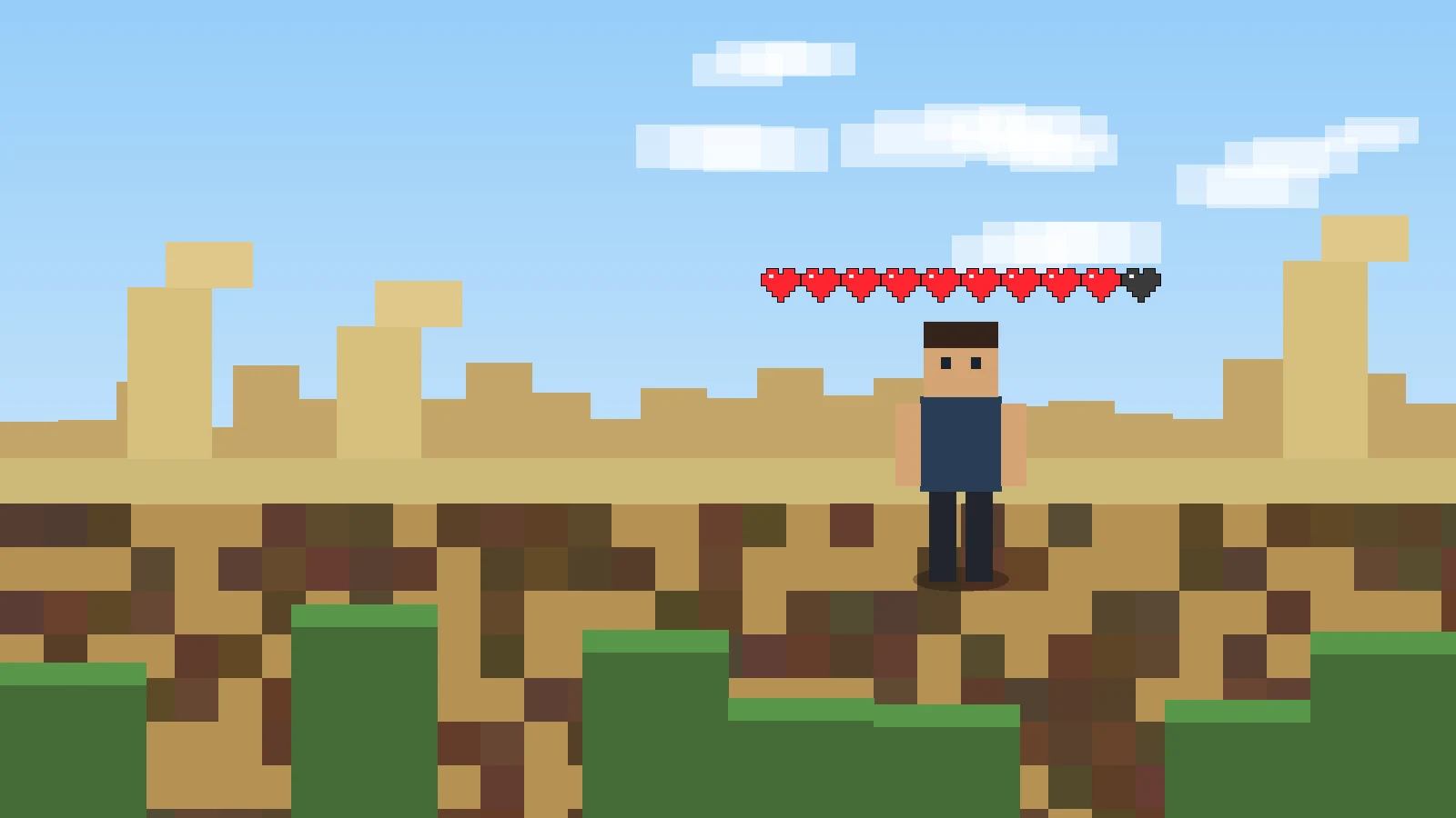 Gameplay-style visual showing a player with overhead health hearts